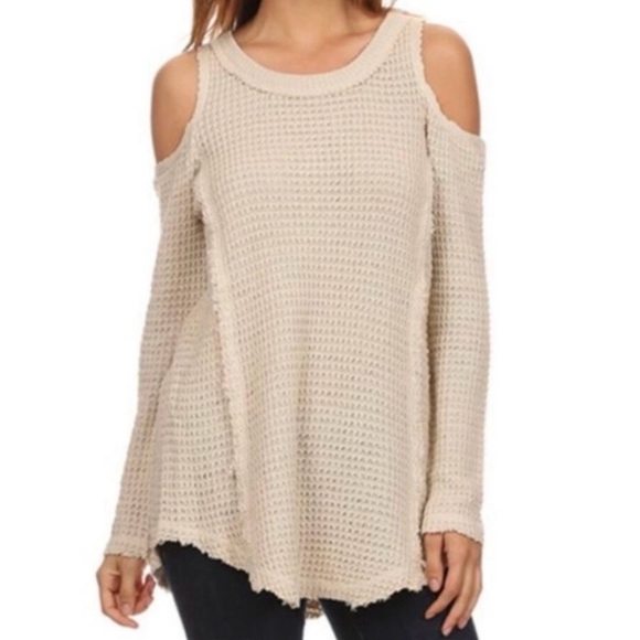 Free People Sweaters - Free People Cream Ivory Off-Shoulder Raw Hem Cotton Women's Waffle Knit Sweater